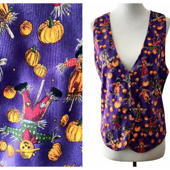 111 Main Womens M Vintage Purple Jack O'Lantern Scarecrow Halloween Button Vest - Picture 1 of 7